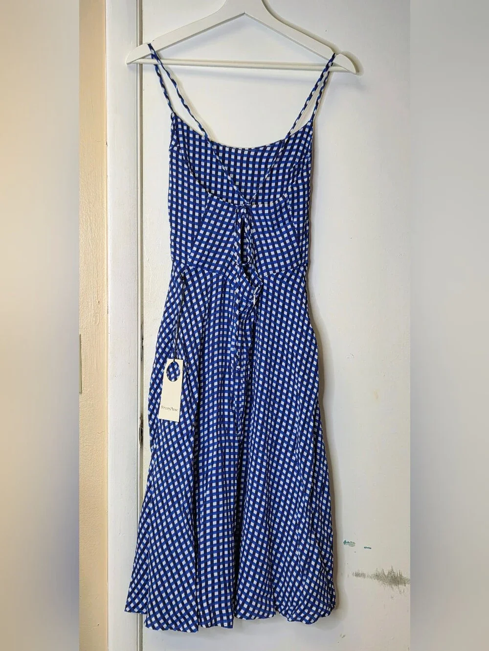 Privacy Please Blue Gingham Midi Dress Lace Up Back Pockets Medium